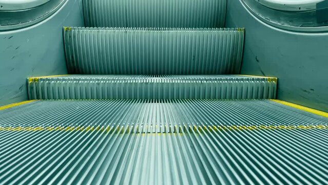 Close-up shot of empty moving staircase running down. Modern escalator stairs, indoor escalator. Low angle view of a modern escalator stairs. Automated elevator mechanism. 