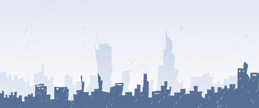City silhouette in rainy season illustration, city architecture, cityscape. City layers illustration. Can be used for wallpaper, desktop background, illustration, digital art, cover design