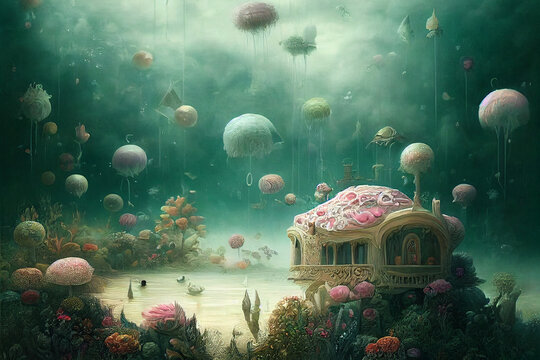 fantasy surreal underwater beautiful house, pastel colours, digital painting