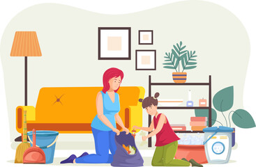 Mother with daughter doing housework and putting garbage in bag. Family putting trash into bag while cleaning room at home. Daily routine, cleanup or household chores concept