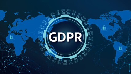 GDPR or General Data Protection Act Regulation Tech Compliance Abstract Art 4k on Blue Neon Background with a World Map - Powered by Adobe