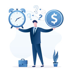Difficulty decision, time or profit, businessman thinking, balancing save time or earning money choice. Time value of money. Money management. Work efficiency, productivity.