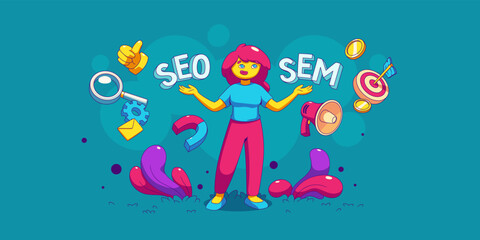 SEO vs SEM concept. Woman choose between two digital marketing strategies for advertising in internet, icons of target, megaphone, money, magnifier, vector illustration in contemporary style