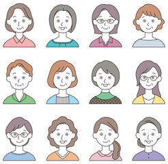 中年女性　顔　アイコン　セット