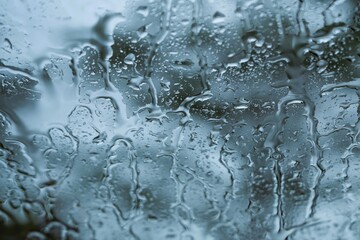 Blurred photo. Heavy rain, water pouring down the windshield of the car.
