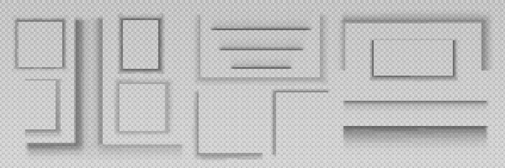 Fototapeta premium Shadow frames for web banner, bar, label, paper sheet, poster or sticker. Vector realistic set of square, rectangle and line shadow effects isolated on transparent background