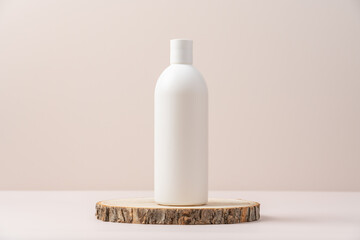 Cosmetic Packaging Mockup bottle on wooden cut. Treatment spa beauty skincare. Healthcare and...