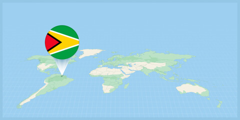 Location of Guyana on the world map, marked with Guyana flag pin.