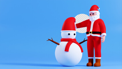 3D cartoon illustration santa claus old man with christmas snowman, winter season