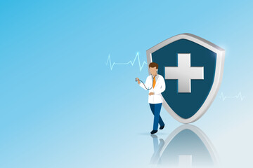 Medical service, health care business and health insurance concept. Doctor holding stethoscope with medical shield diagnosis patient health problem.