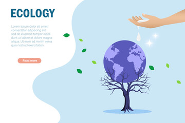Hand showering water on earth with dried tree. Ecology, earth day and world environment day concept for sustainable strategy, care for forest.