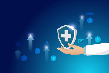 Doctor hand holding medical shield with growth graph in medical and health insurance business.