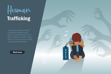 Human Trafficking and violence against child concept. Abused kid crying loneliness with sale tag label on hand among evil hands around.