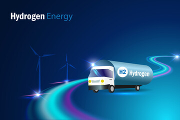 Hydrogen truck on futuristic road transport H2 Hydrogen fuel to gas stations. Clean hydrogen energy for renewable fuel, alternative sustainable energy, fuel for future industry