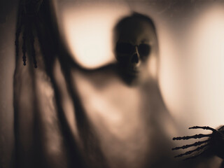 Shadow blur of horror skeleton. Halloween background.