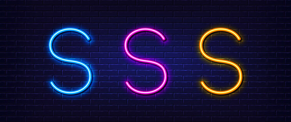 Initial letter S icon. Neon light line effect. Line typography character sign. Large first font letter. Glowing neon light element. Letter S glow 3d line. Brick wall banner. Vector