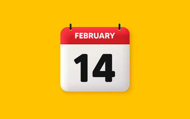 Calendar date 3d icon. 14th day of the month icon. Event schedule date. Meeting appointment time. Agenda plan, February month schedule 3d calendar and Time planner. 14th day day reminder. Vector