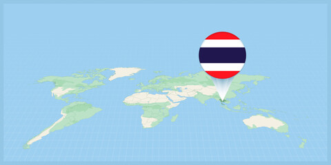 Naklejka premium Location of Thailand on the world map, marked with Thailand flag pin.
