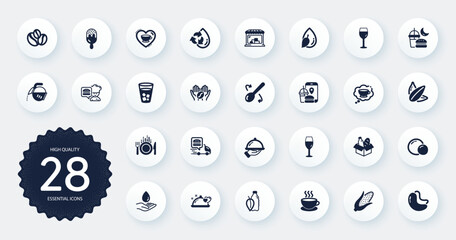 Set of Food and drink icons, such as Water bottle, Night eat and Peas flat icons. Food, Romantic dinner, Water care web elements. Sunflower seed, Ice cream, Food app signs. Chef, Market. Vector