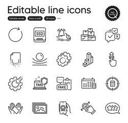Set of Technology outline icons. Contains icons as Elastic material, Calculator target and Swipe up elements. Fake internet, Seo gear, Touchscreen gesture web signs. Calendar. Vector