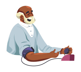 Grandpa using blood pressure device for checkup