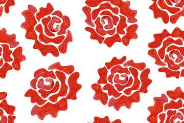 Seamless pattern with red roses painted in watercolor on a white background.