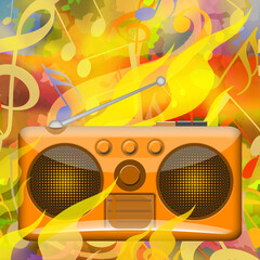 Burning music design with radio in flames and musical symbols