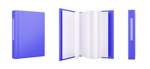 Open and closed book 3D illustration. Textbook mockup with blue hardcover isolated on white background. Empty cover and spine, unfolded literature with blank pages. Bestseller publication, library