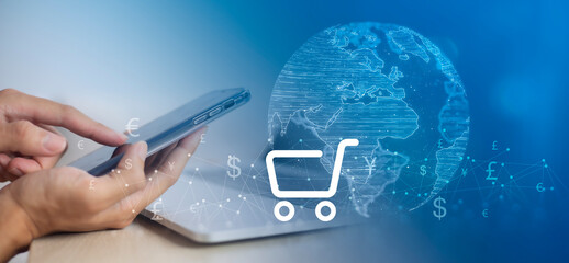 Online shopping concept through the internet and the use of currency exchange rates. Payment via digital wallet system and online transaction. The idea of shopping from anywhere in the world.