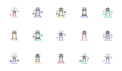 Lighthouse line icons. Searchlight tower with seagull for marine navigation of ships. Sea pharos, lighthouse or beacon icons. Linear set. Bicolor outline web elements. Vector