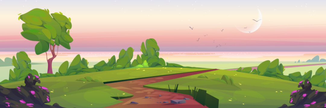 Sunrise nature landscape, summer early morning cartoon background with narrow dirt road going along green field to lake or sea shore. Path under pink sky with crescent, game, scene Vector illustration
