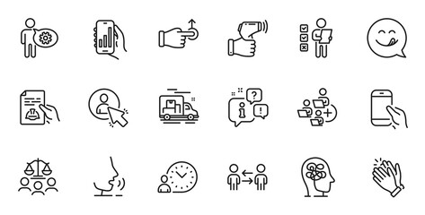 Outline set of Teamwork business, Court jury and Time management line icons for web application. Talk, information, delivery truck outline icon. Include Analysis app, Drag drop, Stress icons. Vector