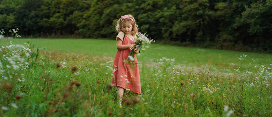 Little girl in summer dress picking flowers at meadow.