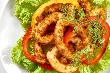 Deep-fried squid rings in a plate on a white background. Close-up. Selective focus