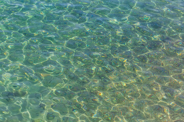 Fototapeta na wymiar View from above to a stony seabed in clear water with abstract blue green pattern. Overview of the seabed seen from above, transparent water of the Red sea in Eilat, Israel. Seabed Background