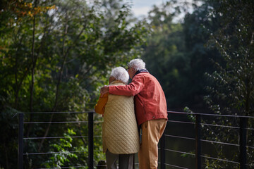 Rear view of senior couple at autumn walk near the lake, having break.