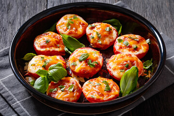 Baked Tomatoes with Mozzarella, Cheddar, Parmesan