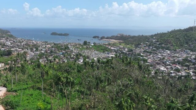 Destruction and devastation after hurricane Fiona, Samana in Dominican Republic. Aerial forward