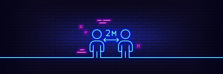 Neon light glow effect. Social distancing line icon. 2 meters distance between sign. Coronavirus pandemic symbol. 3d line neon glow icon. Brick wall banner. Social distancing outline. Vector