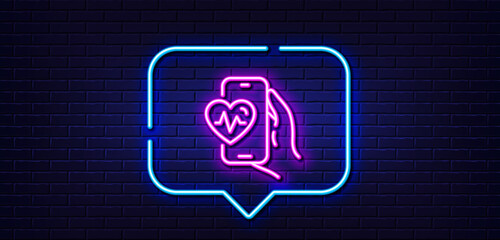 Neon light speech bubble. Cardio training app line icon. Fat burning application sign. Gym fit heartbeat symbol. Neon light background. Cardio training glow line. Brick wall banner. Vector