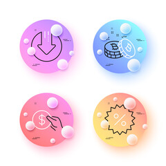 Download arrow, Bitcoin and Payment minimal line icons. 3d spheres or balls buttons. Discount icons. For web, application, printing. Crisis, Cryptocurrency coin, Usd coin. Special offer. Vector