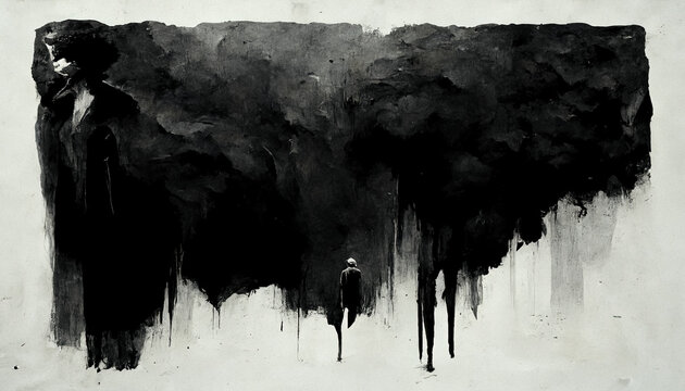 Black and white abstract water color painting hanging on the wall Large abstract image of black ink dripping down and a human man figure silhouette turned it's back and walking away