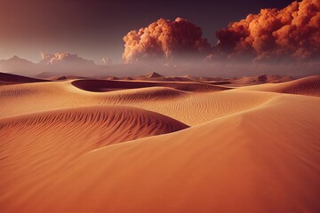 Fantasie woestijnlandschap, zandstorm, zandwolken. 3D render. Rasterillustratie.