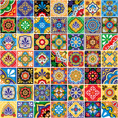 Mexican talavera tiles vector seamless pattern- big 49 different colorful design set, perfect for wallpaper, textile or fabric print 