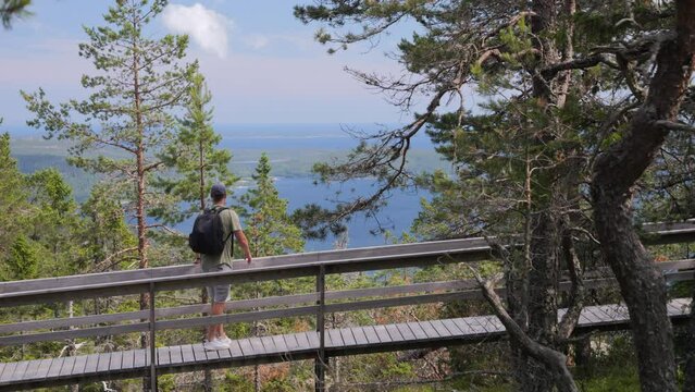 Hiking man walking across a wooden bridge enjoying views of Nordic panorama. Sweden. Static