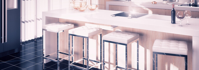 Kochinsel mit integrierter Bar als Teil einer Loft-Küche - 3D Visualisierung