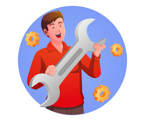 a man holding wrench