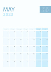 Vertical calendar page of May 2023, Week starts from Monday.