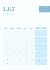 Vertical calendar page of July 2023, Week starts from Monday.