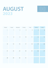 Vertical calendar page of August 2023, Week starts from Monday.